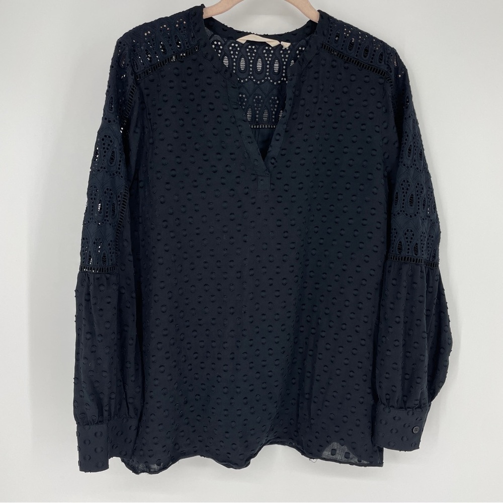 Soft Surroundings Cotton Eyelet Blouse Swiss Dot Top Black Boho Cottage